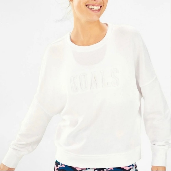 Sweat-shirt Femme Fabletics Stacey – Manches Longues, Col Rond – Blanc/Rose – Taille S (Neuf)